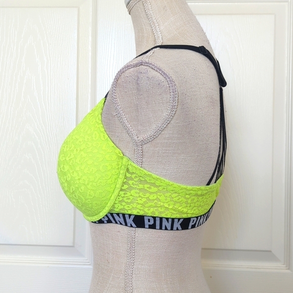Victorias Secret Pink Push-up Pigeomant Chartreuse Yellow Razorback Bra - Picture 2 of 7